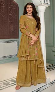 最新パキスタンデザイナー3ピースエスニックウェアセットインド刺繍Sharara Gharara Kurtiコットン生地女性用 - Product Image 5