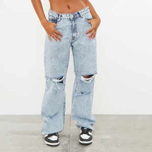 Ladies Custom Brand Breathable Straight Denim <b>Jeans</b> with Hole Detail Vintage Regular Fit Customized Design - Product Image 1