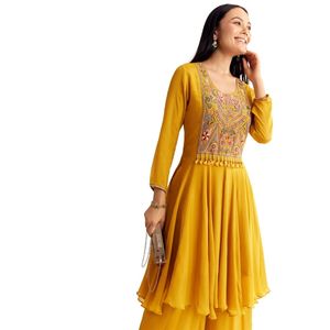 Amarillo Chinon Zardosi Kurta Palazzo Traje Venta al por mayor Mujeres Ropa étnica OEM Fábrica de ropa Proveedor a granel Fabricante personalizado - Product Image 1