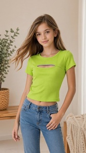 Camiseta Corta sin Cuello de Algodón y Fibra de Bambú con Diseño Acordonado para Mujer, Corte Ajustado, Manga Corta, Estilo Casual para Primavera/Verano - Product Image 1