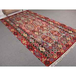 พรมขนาด 5.4x10.5 ฟุต, พรมตุรกีโบราณ, พรมลายดอกไม้สีแดงคิลิม - Product Image 1