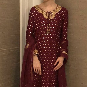 NEW STYLISH LONG KURTA WITH BROCADE PLAZO DRESS ON SILK <b>FABRIC</b> EMBELLISH CRYSTAL GLASS BEADS, DABKA WORK for Party-WEAR@2022 - Product Image 1