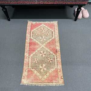 Vintage Turkish Rug, Small 1.5x3.1 ft (45x95 cm) Rug, <b>Red</b> Camouflage <b>Wool</b> Rug - Product Image 1