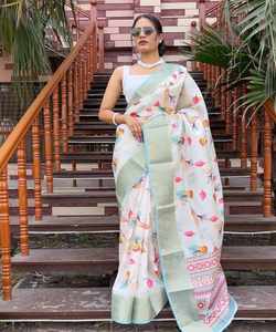 SAREE DE TRAVAIL IMPRIMÉ DE CONCEPTEUR AVEC CHEMISIER NON COUDU VÊTEMENT DE FÊTE PRIX DE GROS VÊTEMENT ETHNIQUE BLEU CLAIR FACY WEAR - Product Image 1