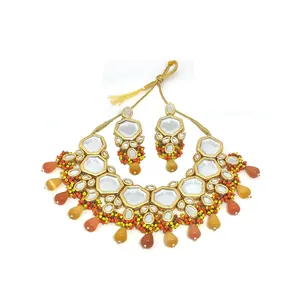 Conjunto de Collar Kundan Vintage Chapado en Oro Naranja y Amarillo, Joyería Fina para Novia a Base de Cobre con Piedra Monalisa para Bodas - Product Image 3
