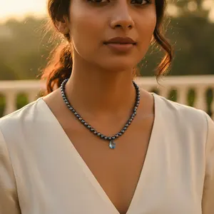 Collar de Perlas Negras para Mujer con Topacio Azul, Estilo Vintage, Chapado en Oro de 14K y Rodio, para Regalo de Compromiso - Product Image 1