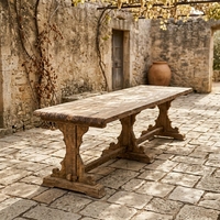 Table à manger rustique en teck durable, ensemble de mobilier d'extérieur haut de gamme de style ferme avec pieds en tréteau pour utilisation en parc