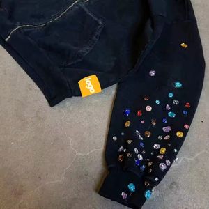 Diseñe su propio 500GSM French Terry Gem Stone Rhinestone DTG Print Hoodies Hip Hop Distressed Zip Up Men's Rhinestones Hoodies - Product Image 5