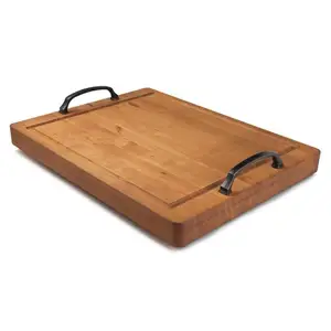 Charcuterie Board Solid Wooden Serving Board Juice Grooves on the edges Farmhouse Wooden Platter with Metal Grip Handles