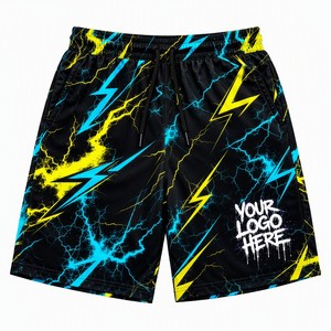 Pantalones Cortos Deportivos Sublimados Personalizados con Estampado de Rayo Neón Negro, 100% Poliéster, Ropa Deportiva Urbana OEM - Product Image 1