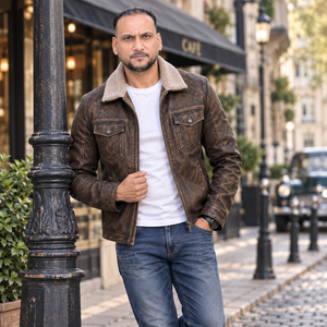 Veste en cuir véritable pour homme avec doublure en sherpa, fermeture éclair, style motard, vêtement d'automne, coupe classique, col rabattu - Product Image 1