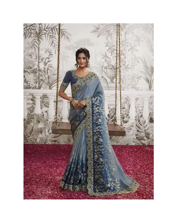 Hot Wedding Designer Full Of Embroidery Worked Saree With Unstitched Blouse Party Wear Lowest Price Market In Maruti Fashion