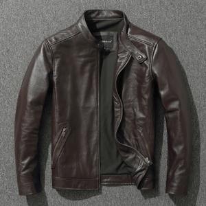 Chaqueta de cuero de vaca vintage con capucha y cuello alto, corte ajustado, con cremallera, estilo motociclista, para hombre, moda 2026 - Product Image 1