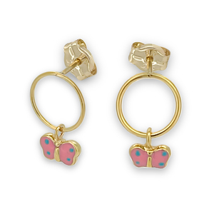 Pendientes de aro de mariposa rosa de oro de 14 quilates para niñas, joyería fina hipoalergénica para niños - Product Image 1