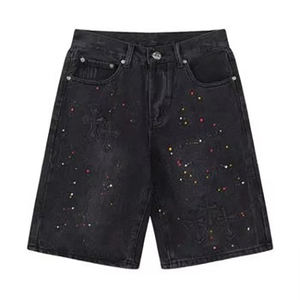 High Street Fashion Diamond New Loose Drawstring Denim <b>Washed</b> Shiny High Quality Rhinestone Shorts Design Men Jeans - Product Image 5
