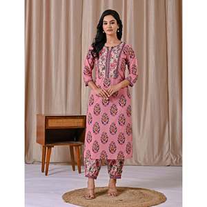 ชุดคุर्ตาอัฟกานีสีชมพูพิมพ์ลายบล็อกทรงตรงสไตล์ลำลองสำหรับฤดูใบไม้ผลิ/ฤดูร้อน เสื้อแขนสามส่วน - Product Image 4