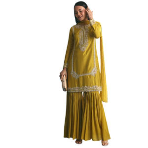Ensemble Kurta Sharara en soie moutarde avec sequins et broderie Cutdana pour mariages en gros, réceptions, Sangeet et OEM Ethnique - Product Image 3