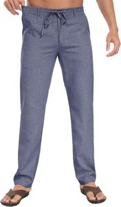 Pantalon en lin à cordon pour hommes Pantalon ample de plage d'été décontracté Coupe décontractée et ceinture élastique extensible Pantalon à coupe personnalisée - Product Image 3