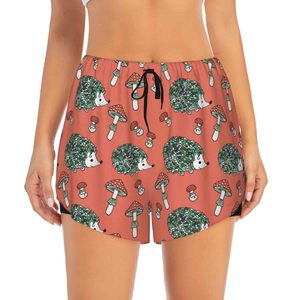 Shorts Deportivos para Mujer con Estampado de Erizo y Hongos, Cintura Media, Cordón Ajustable, Transpirables, de Spandex y Poliéster - Product Image 1