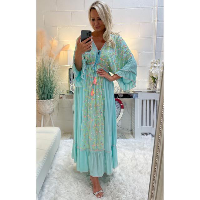 Three Quarter Sleeve Floor Length Women Casual Long Maxi High Fashion Handmade Tie Dye Dress