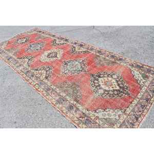 4.8x12.4 ft Turkish Vintage <b>Runner</b> Rug Eco-Friendly Patchwork Design <b>Red</b> Blue Bordered Wool Rug with Latex Backing - Product Image 4
