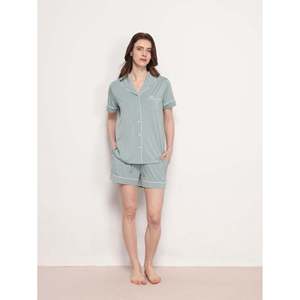 Conjunto de Pijama de Verano para Mujer, de Algodón de Bambú, Manga Corta, Pantalones Lisos, Cintura Elástica, Cuello en V, Personalizable, Ropa de Dormir - Product Image 1