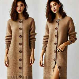 <b>Women's</b> Elegant Solid Color <b>Cardigan</b> Coat - <b>Long</b> Length Knitted Button Sweater <b>for</b> Autumn Winter - Product Image 2