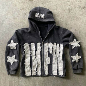 Custom Men 100% Cotton Heavyweight Drop Shoulder <b>Cropped</b> Boxy 500g Distressed Applique Patch Embroidery Acid Wash <b>Zip</b> <b>up</b> <b>Hoodie</b> - Product Image 1