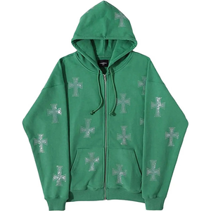 Sudadera con capucha de alta calidad Y2K con cremallera completa para mujer OEM sobre la cara Patrón de diamantes de imitación Estampado vintage Sudadera con capucha de gran tamaño personalizada - Product Image 2