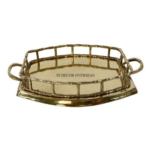 Plateau de service de forme ronde en bois d'acacia de qualité supérieure et en métal plaqué or de haute qualité fabriqué par un concepteur unique au prix le plus bas - Product Image 2