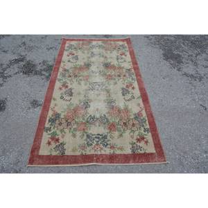 Vintage Turkish Rug Beige Red 3.4 X 6.1ft Large Area Woolen Patchwork Design for Hallway Bedroom Latex for Living Room Bedside - Product Image 1