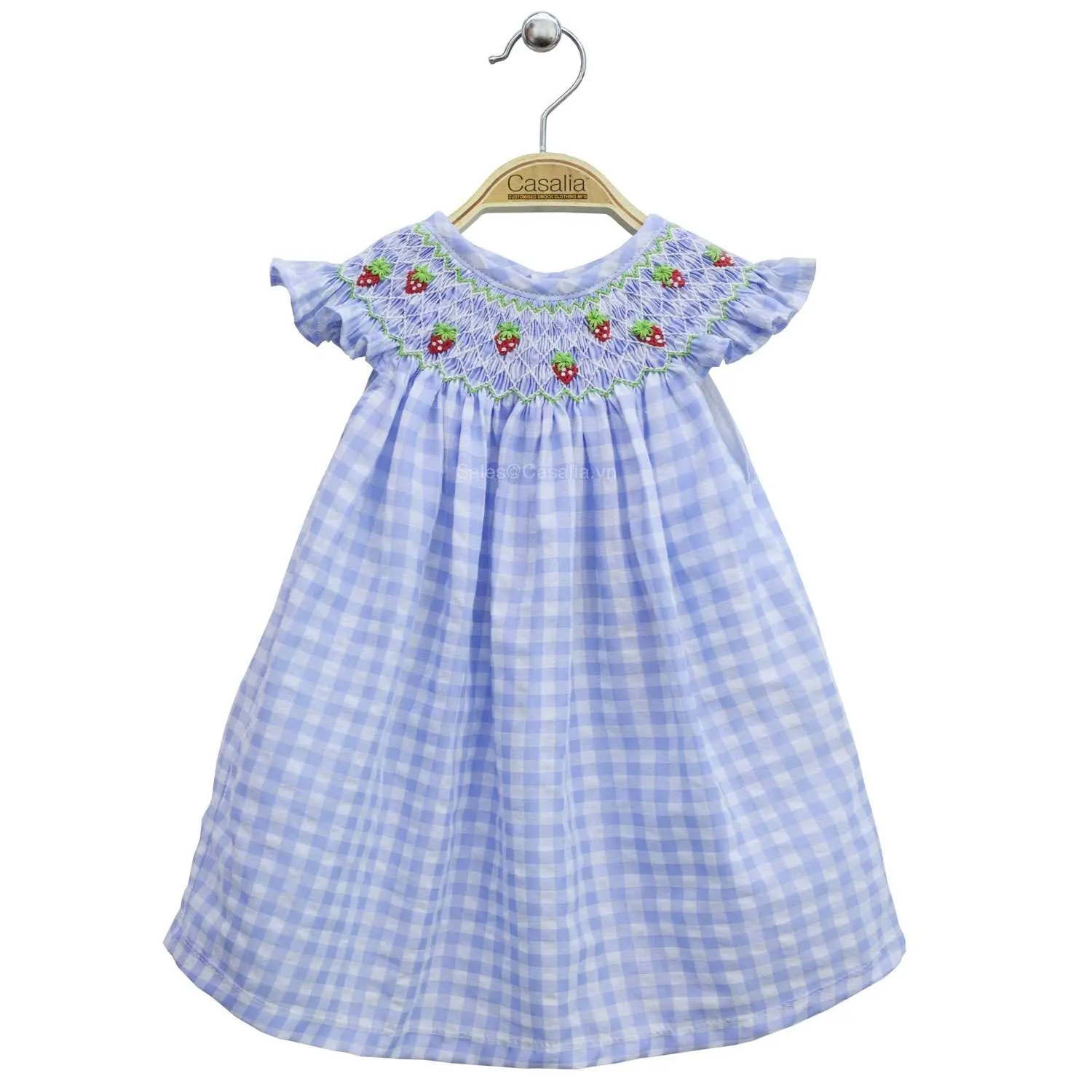 Morango bonito bordou o vestido azul da menina do bebê-mão bordou a linha vestido do bebê-OEM-ODM