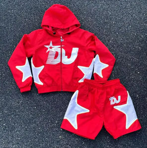 2024 nuevo diseño de ropa de calle cortavientos chándal pantalones cortos conjunto para Puff estampado de dos piezas con cremallera completa Sudadera con capucha y pantalones cortos para otoño - Product Image 1