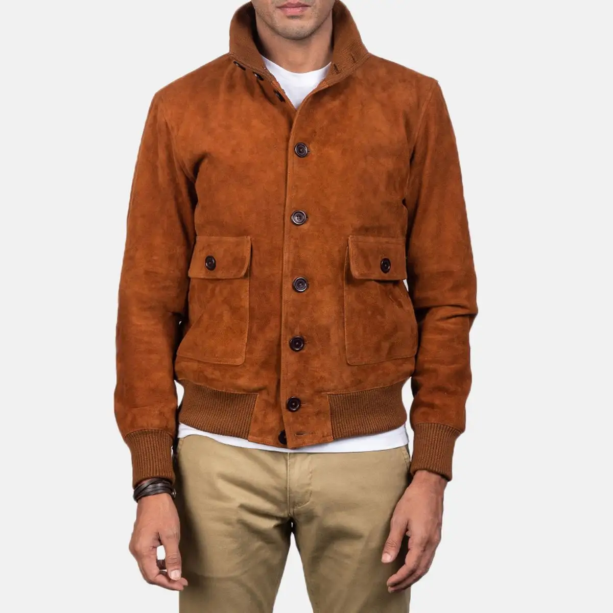 Ombrer-chaqueta de cuero auténtico con 2 bolsillos delanteros para hombre, chaqueta con cuello levantado y diseño atractivo, color marrón
