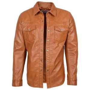 Casual <b>Shirt</b> Sheep Leather OEM New Fashion Modern <b>Short</b> <b>Sleeve</b> Drop Shoulder Oversized Double Chest Pockets Zip <b>up</b> Plain for Men - Product Image 3