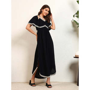 Deebaco Women's Black Solid <b>Maxi</b> Dress With <b>White</b> Contrast Binding V-Neck Cap Sleeve Loose Fit Casual Summer Style Dress - Product Image 5