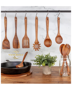 Juego de Utensilios de Cocina de Madera de Teca de 6 Piezas Vietchoice Hilda con Espátulas, Cucharas y Tenedores de Mango Largo - Apto para Lavavajillas - Product Image 1