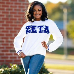 Sudadera Zeta a rayas azules y blancas con algodón suave y letras de chenilla para miembros de la Hermandad Greek Life Fashion - Product Image 6