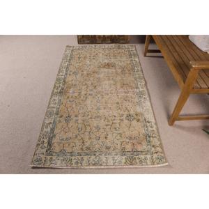 3.4x6.3 ft Vintage Rug, <b>Brown</b> Check Turkish Rug <b>Wool</b> - Product Image 1