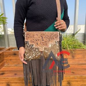 High Quality Luxury Hand Tooled <b>Leather</b> Fringe Crossbody Square <b>Purse</b> for Women Custom Fashion Cowhide <b>Leather</b> Shoulder Handbags - Product Image 1