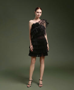 Vestido Negro de Tul con Volantes, Dulce para la Fiesta, Mini Vestido con Volantes en Capas y Detalles Florales en 3D que Capturan Todos los Ojos - Product Image 1