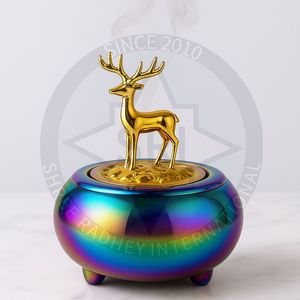 เตาเผากำยานทองเหลืองเคลือบ PVD ป้องกันกลิ่น ดีไซน์หรูหรา เป็นมิตรกับสิ่งแวดล้อม พร้อมฝาปิดรูปกวางทอง สำหรับใช้กับกำยานบาคูร์และอู๊ด ระดับพรีเมียม เหมาะสำหรับใช้ในบ้านและเป็นของขวัญ - Product Image 1