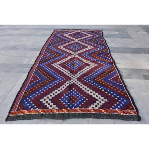 Alfombra de lana roja y negra étnica hecha a mano de 5,4x11 pies, alfombra turca para sala de estar, látex para casa con rectángulo a rayas de retazos - Product Image 1