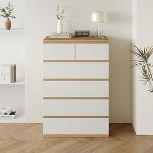 Sotta <b>6</b>-<b>Drawer</b> Tallboy Minimalist Nordic Design Solid Oak MDF Chest of <b>Drawers</b> Stainless Steel Metal for Bedroom Living Room - Product Image 1