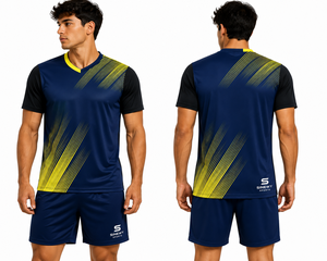 SINEWY SPORTS ชุดเสื้อฟุตบอลชายสีน้ำเงินสีเหลืองพิมพ์ลายเรขาคณิตคอวีแขนสั้นระบายความชื้นพอดีตัวแบบนักกีฬา - Product Image 4