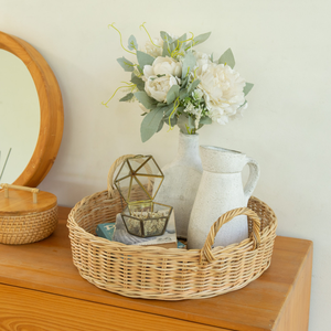 Handmade Natural Rattan Eco-Friendly Multifunction Round Serving <b>Basket</b> <b>Tray</b> Handles Wicker Organizer for Home Kitchen Storage - Product Image 2