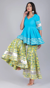 Ensemble Sharara en coton décontracté JAAL avec dupatta en coton, robe à manches courtes, coupe évasée, lavable, avec taille naturelle - Product Image 2