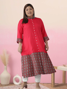 Kurti Anarkali de Rayón con Estampado Floral y Borde, Talla Grande para Mujer, Color Rosa, Cómodo, Corte Regular, Estilo Étnico Indio - Product Image 2