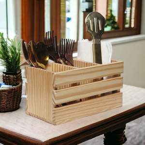 Moderno Porta Cubiertos de Madera Natural Hecho a Mano, Organizador de Mesa Duradero con Múltiples Compartimentos, Diseño de Listones para Cucharas, Tenedores y Cuchillos - Product Image 3