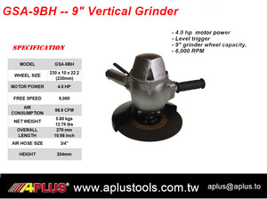 Meuleuse d'angle verticale APLUS GSA-9BH, meuleuse pneumatique, disque de 9 pouces, 4,0 HP, 6 000 tr/min, échappement latéral, interrupteur à levier, pression de 90 psi, métal, VERT - Product Image 2